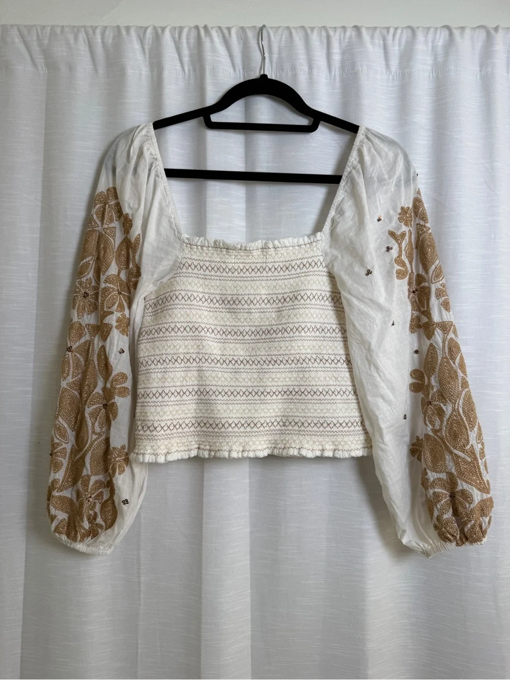 Anthropologie Embroidered Smocked Puff Sleeve Top Ivory | Size XS